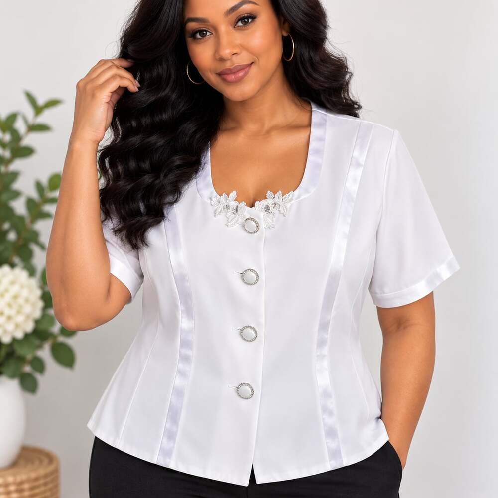 Vintage Caramia Size 18 White Blouse Jacket Satin Trim Floral Applique USA
